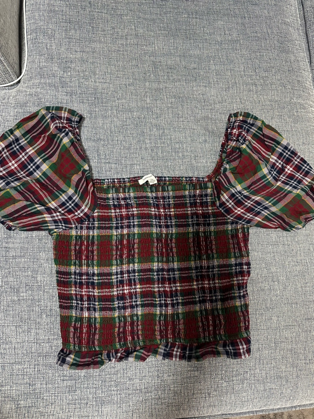 American Eagle Outfitters Plaid Puff-Sleeve Top